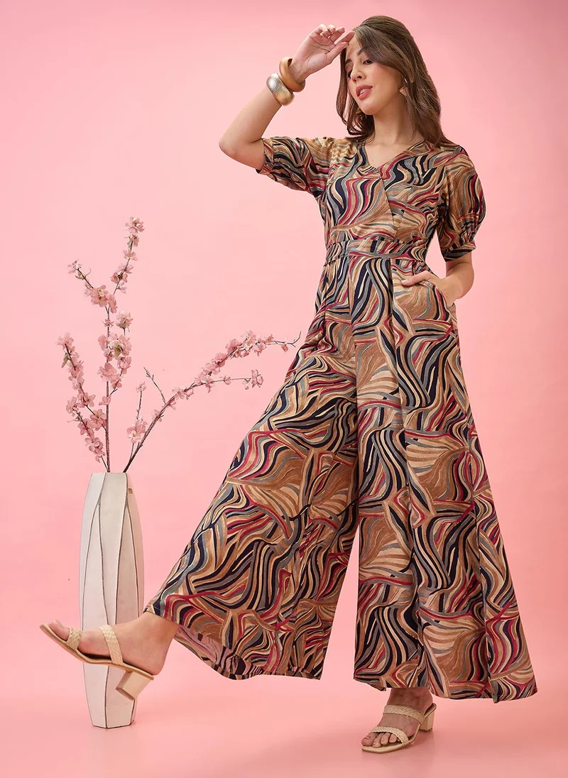 globus Globus Women Abstract Print V-Neck Puff Sleeves Belted Fusion Jumpsuit